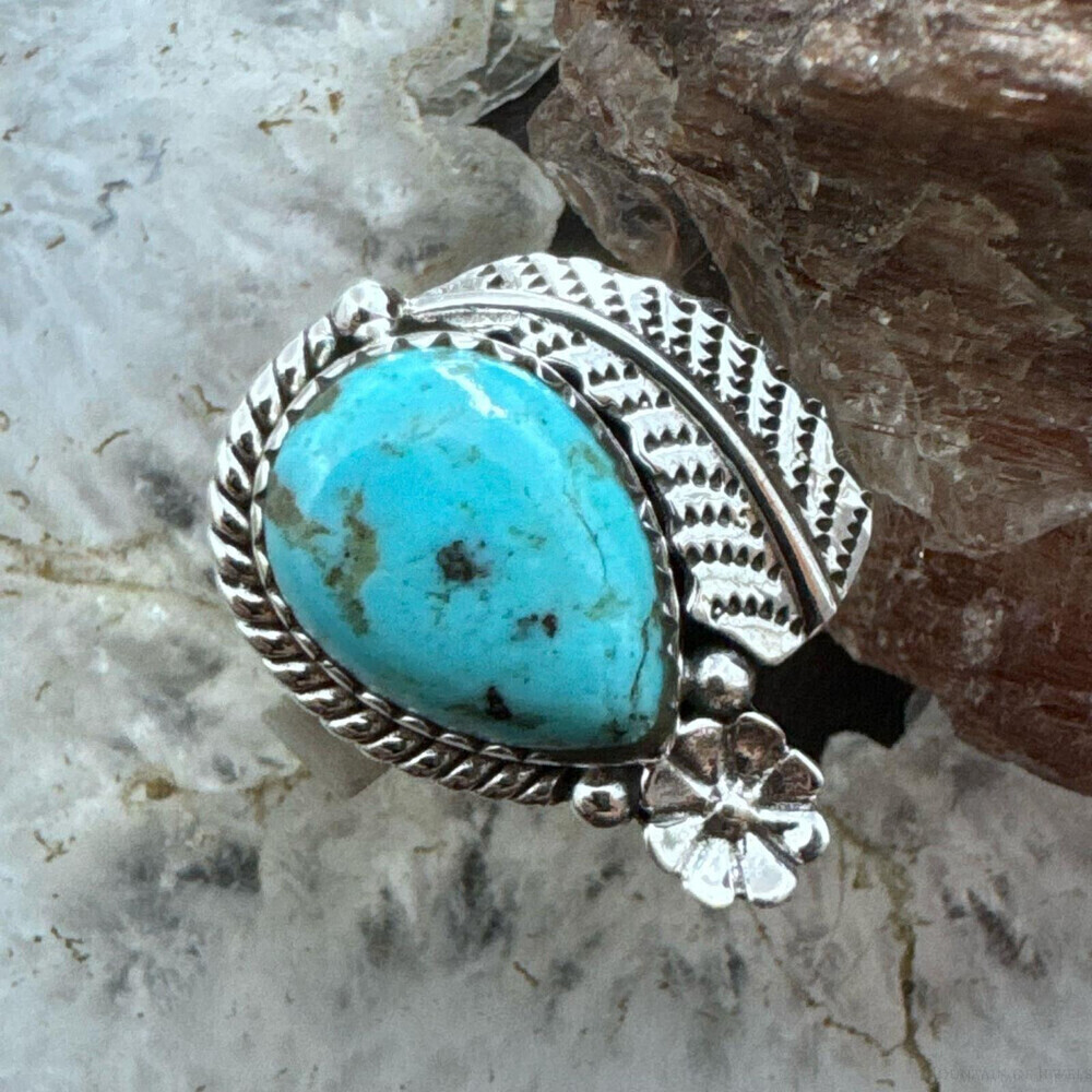 Sterling Silver Southwestern Style Teardrop Turquoise Decorated Adjustable Ring